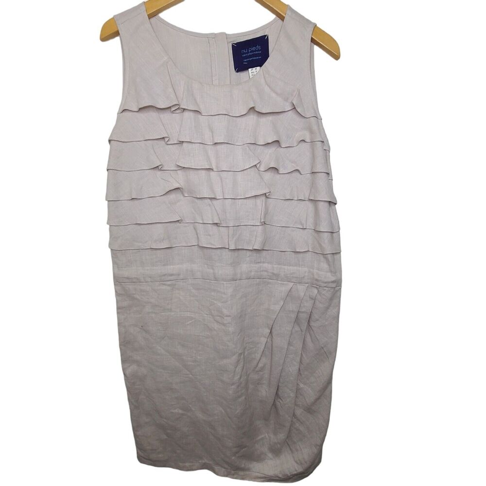 Valerie Gregori‎ Mckenzie Khaki Tiered Ruffle Bust Shift Sheath Linen Dress SZ S